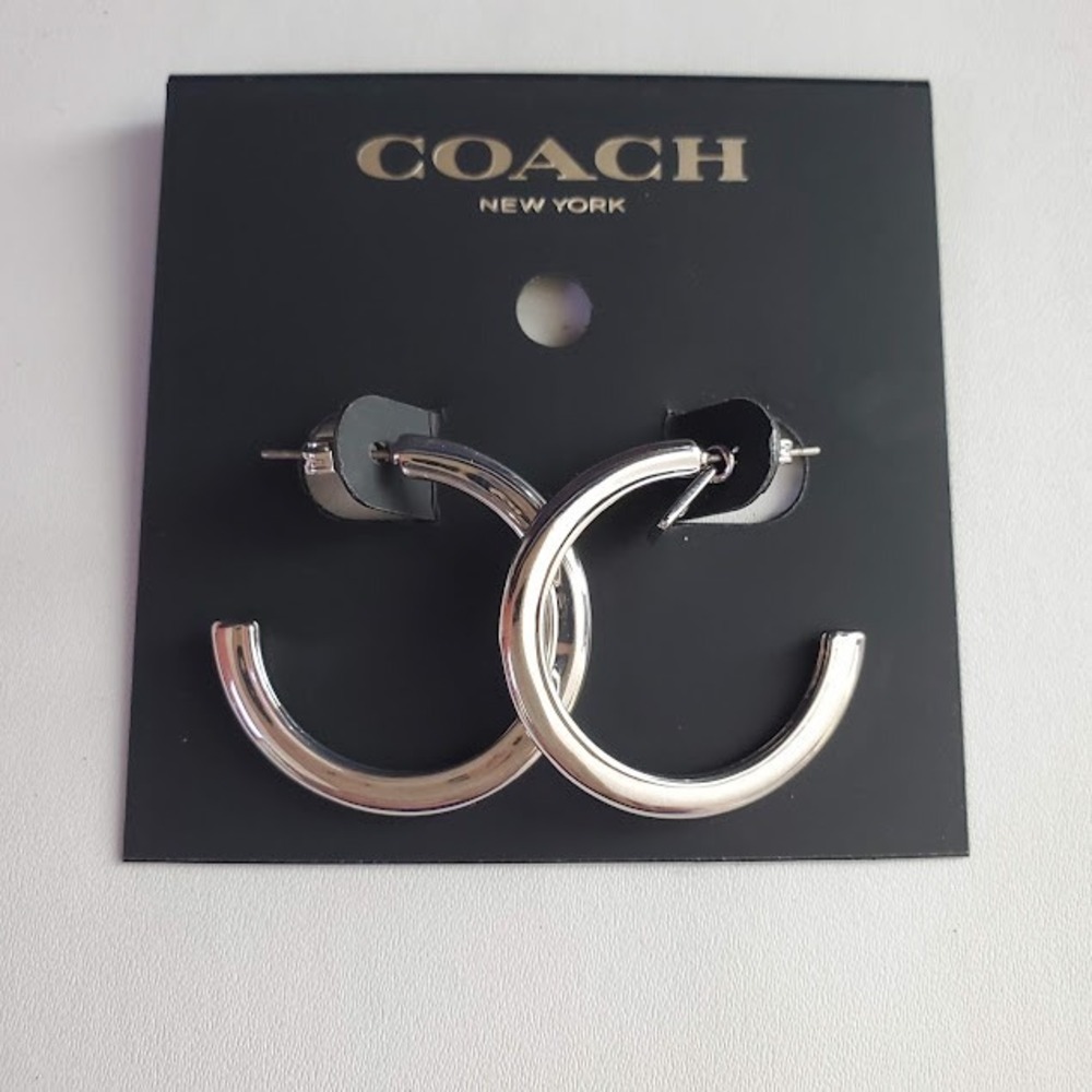 Coach Silver Tone Signature Charm 3/4 Hoop Earrings New with Tags C9478 - Picture 8 of 9